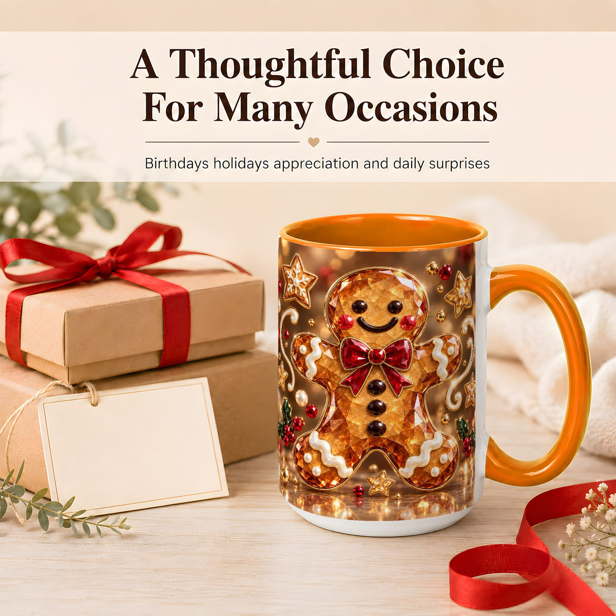 #pl[15oz|Orange] Jewel Style Gingerbread Coffee Mug, Sparkling Holiday Mug, Ceramic Cup