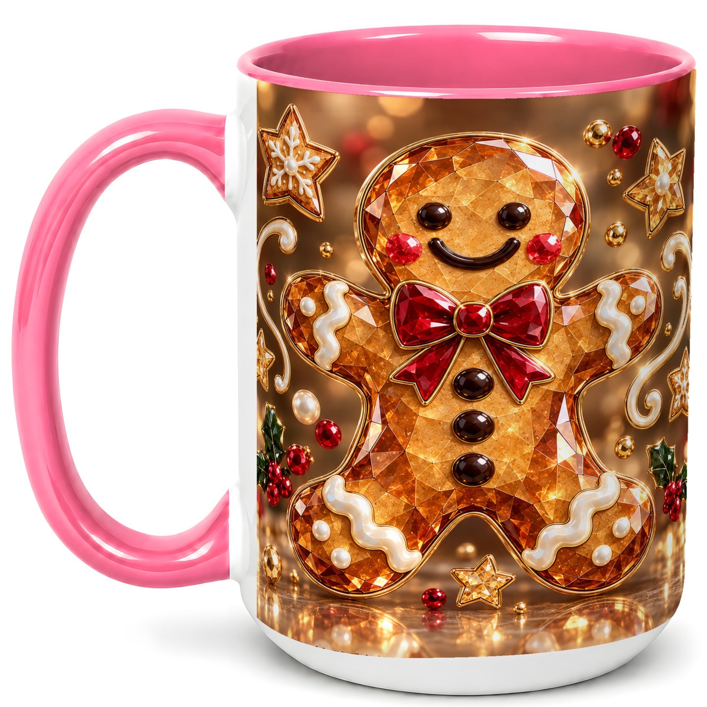 #pl[15oz|Pink] Jewel Style Gingerbread Coffee Mug, Sparkling Holiday Mug, Ceramic Cup