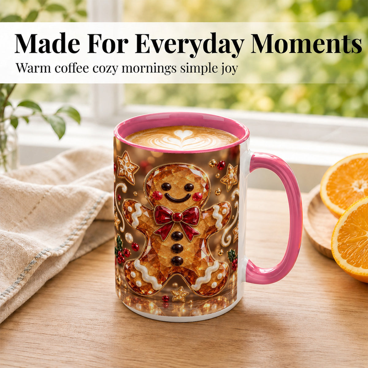 #pl[15oz|Pink] Jewel Style Gingerbread Coffee Mug, Sparkling Holiday Mug, Ceramic Cup