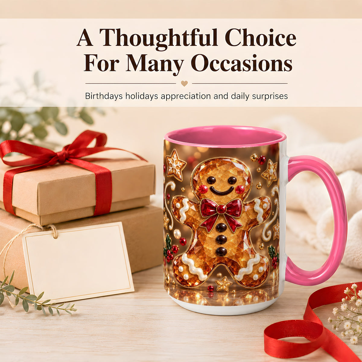 #pl[15oz|Pink] Jewel Style Gingerbread Coffee Mug, Sparkling Holiday Mug, Ceramic Cup
