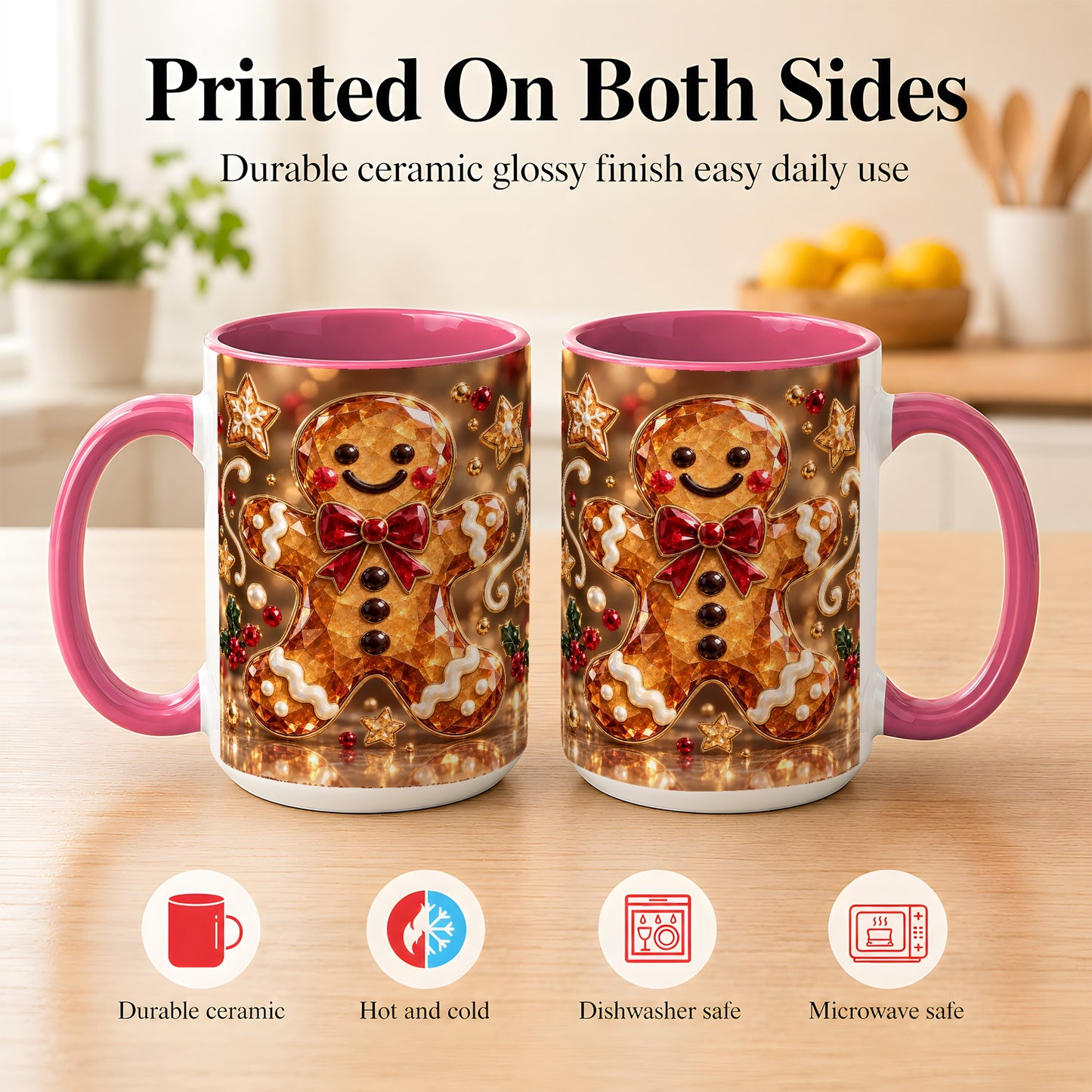#pl[15oz|Pink] Jewel Style Gingerbread Coffee Mug, Sparkling Holiday Mug, Ceramic Cup