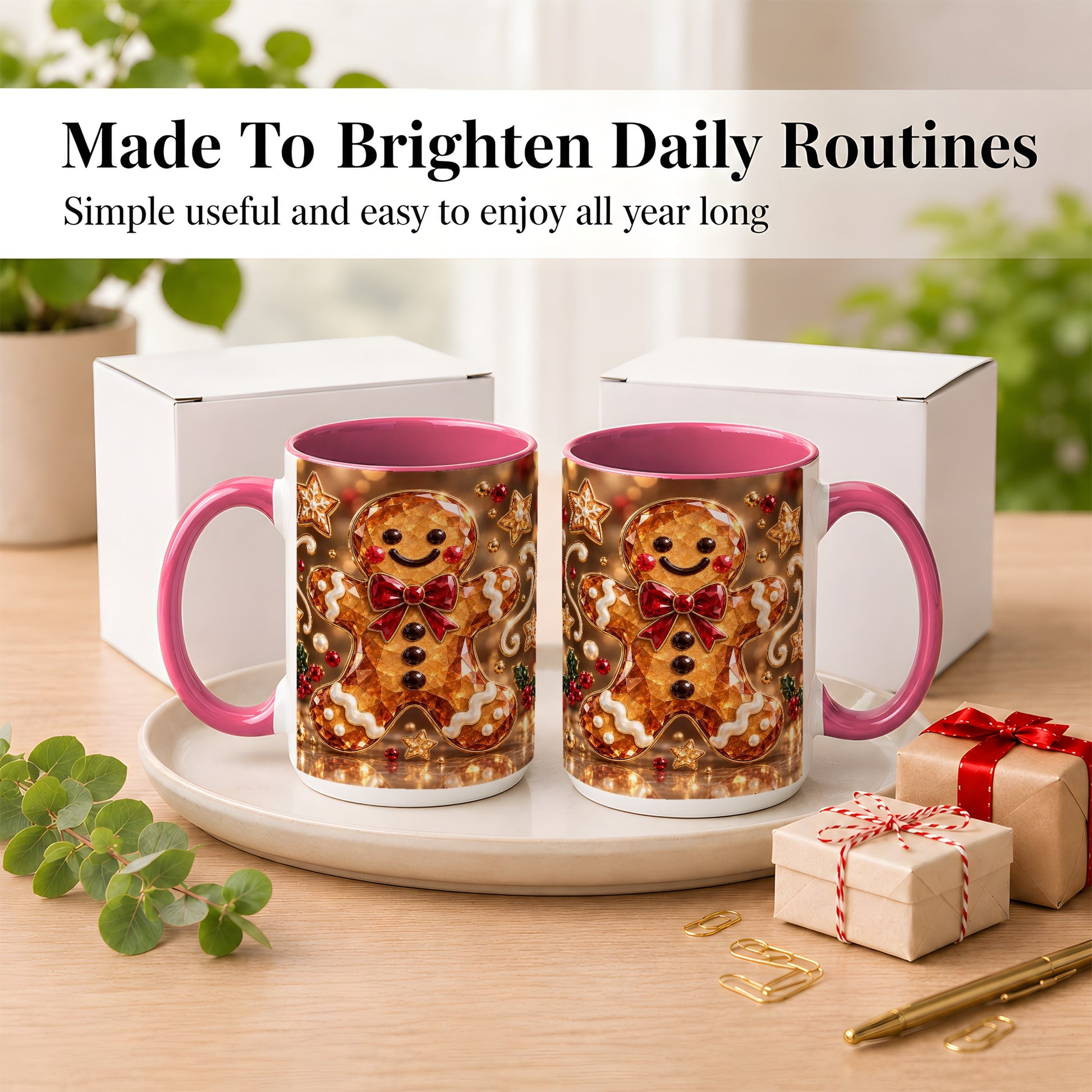 #pl[15oz|Pink] Jewel Style Gingerbread Coffee Mug, Sparkling Holiday Mug, Ceramic Cup