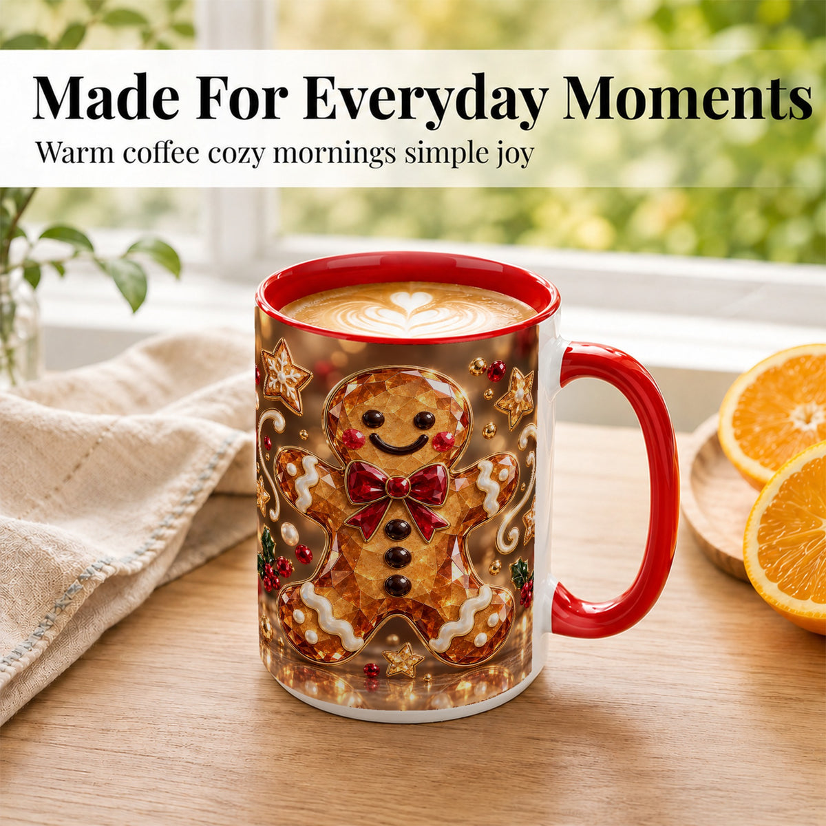 #pl[15oz|Red] Jewel Style Gingerbread Coffee Mug, Sparkling Holiday Mug, Ceramic Cup