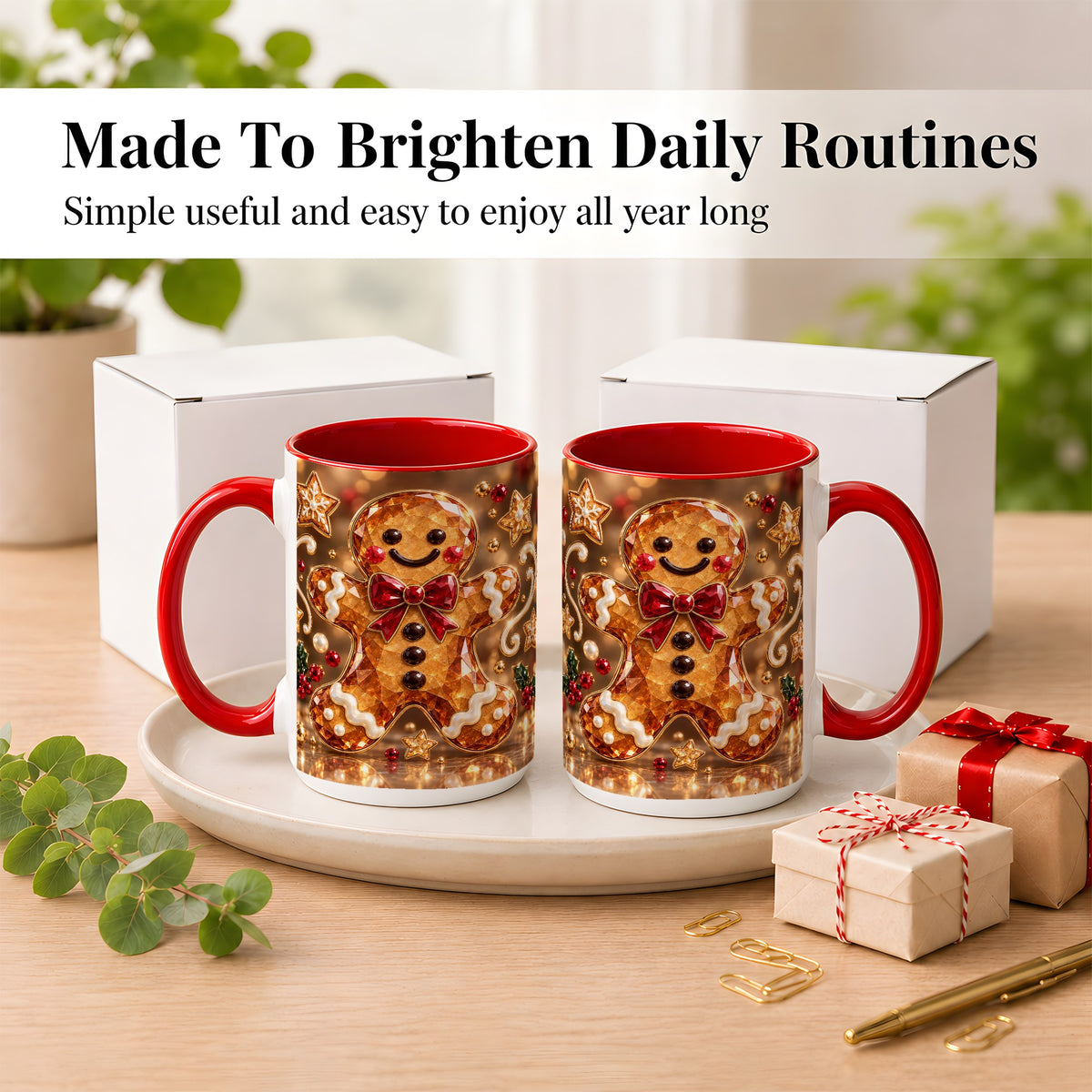 #pl[15oz|Red] Jewel Style Gingerbread Coffee Mug, Sparkling Holiday Mug, Ceramic Cup