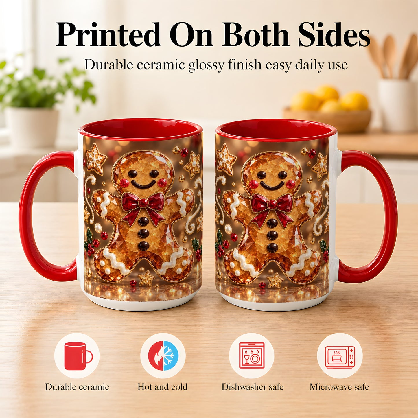 #pl[15oz|Red] Jewel Style Gingerbread Coffee Mug, Sparkling Holiday Mug, Ceramic Cup