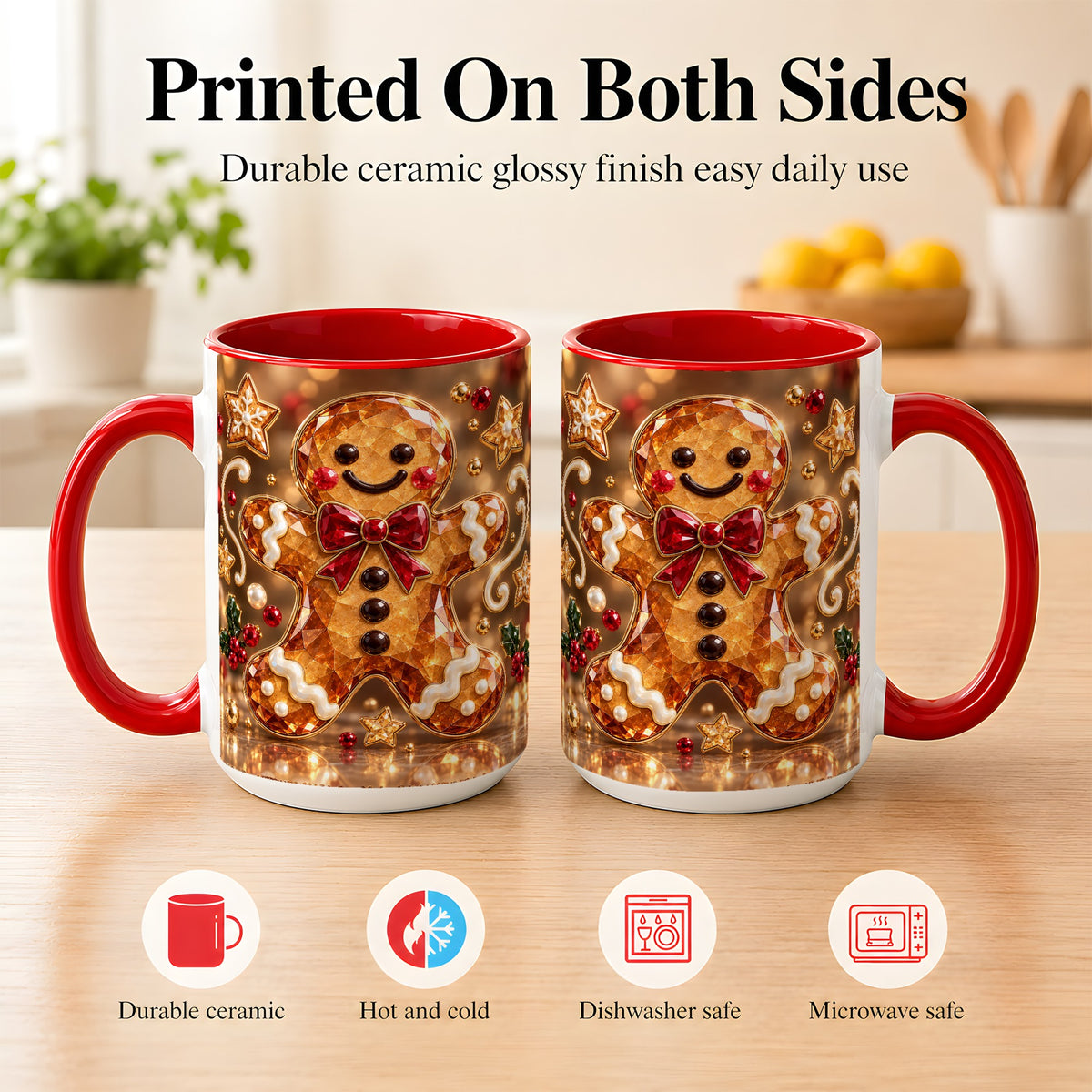 #pl[15oz|Red] Jewel Style Gingerbread Coffee Mug, Sparkling Holiday Mug, Ceramic Cup