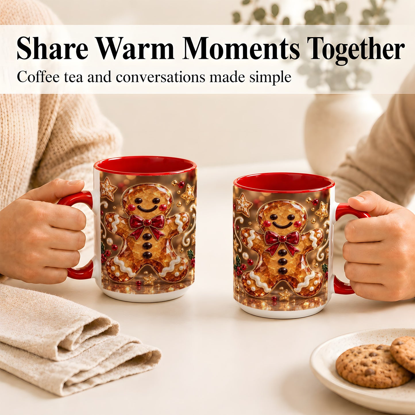 #pl[15oz|Red] Jewel Style Gingerbread Coffee Mug, Sparkling Holiday Mug, Ceramic Cup