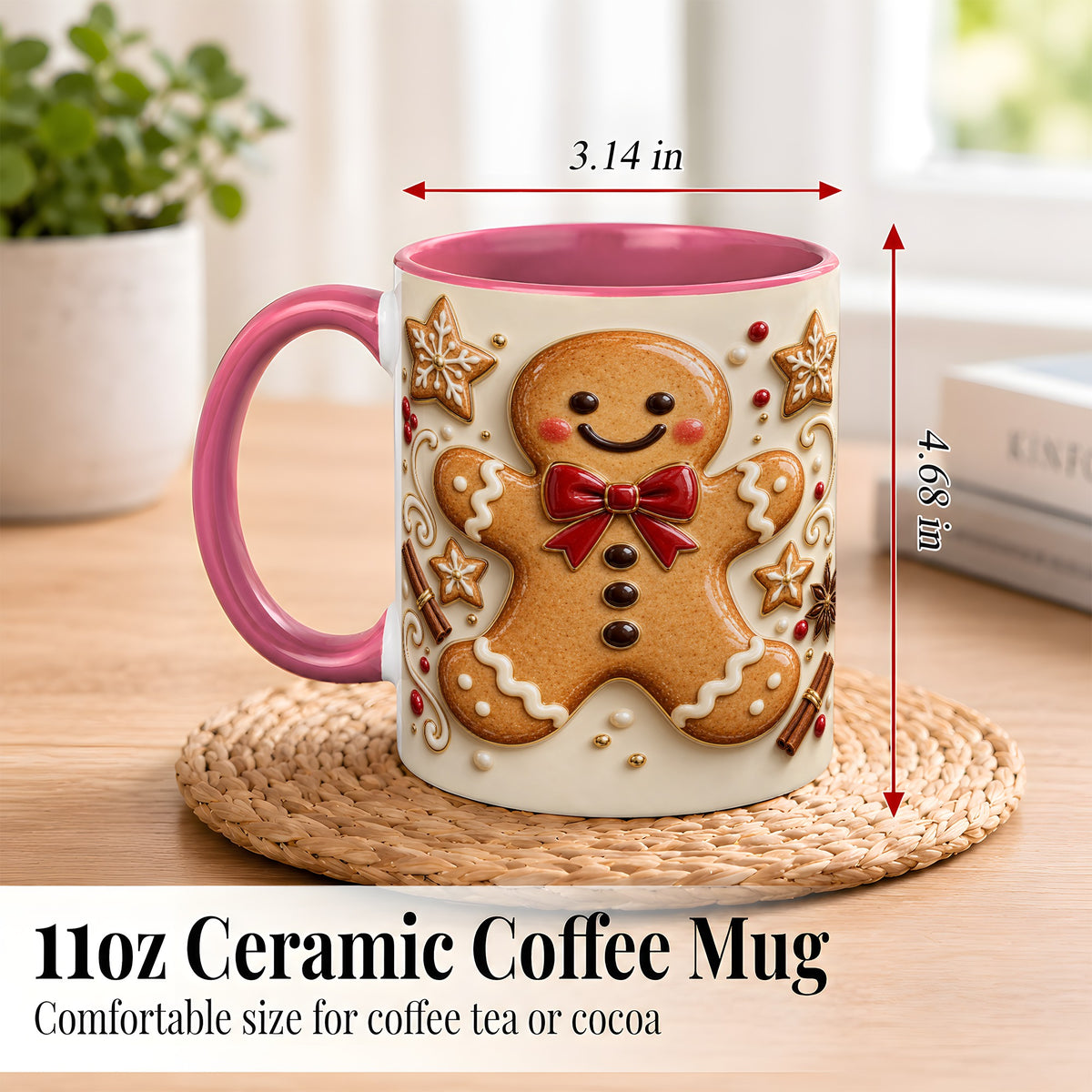 #pl[11oz|Pink] Classic Gingerbread Coffee Mug, Christmas Cookie Mug, Ceramic Cup