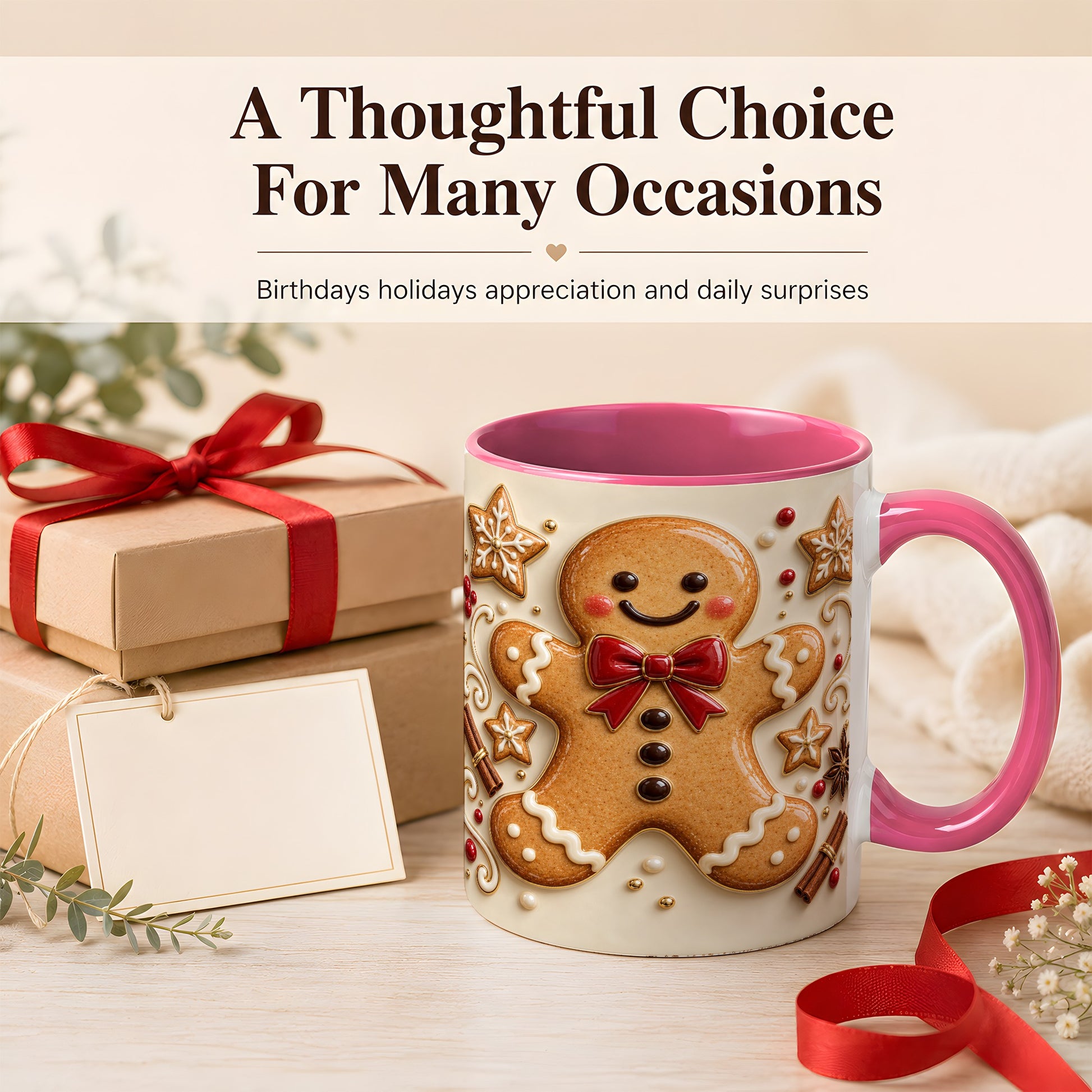 #pl[11oz|Pink] Classic Gingerbread Coffee Mug, Christmas Cookie Mug, Ceramic Cup