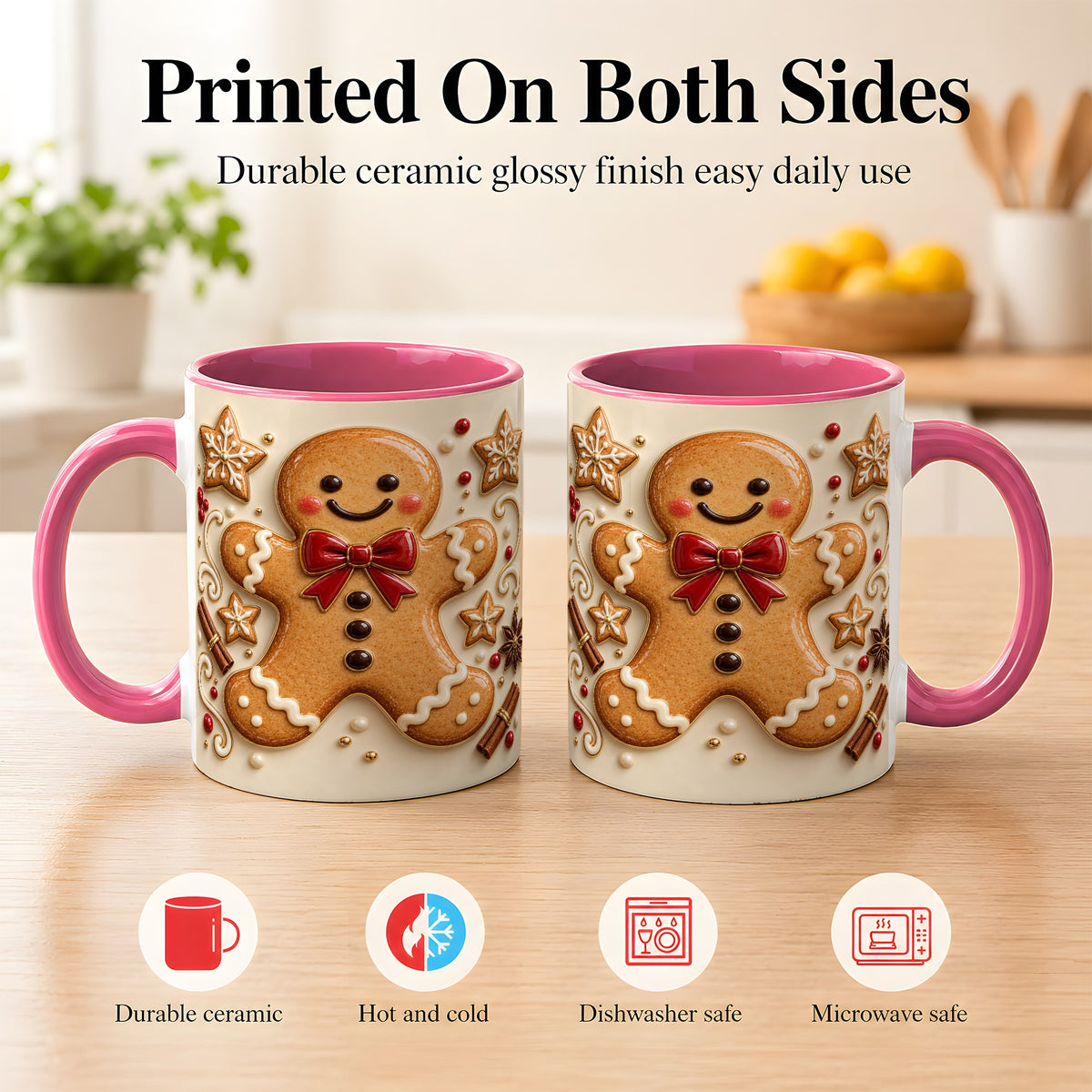 #pl[11oz|Pink] Classic Gingerbread Coffee Mug, Christmas Cookie Mug, Ceramic Cup