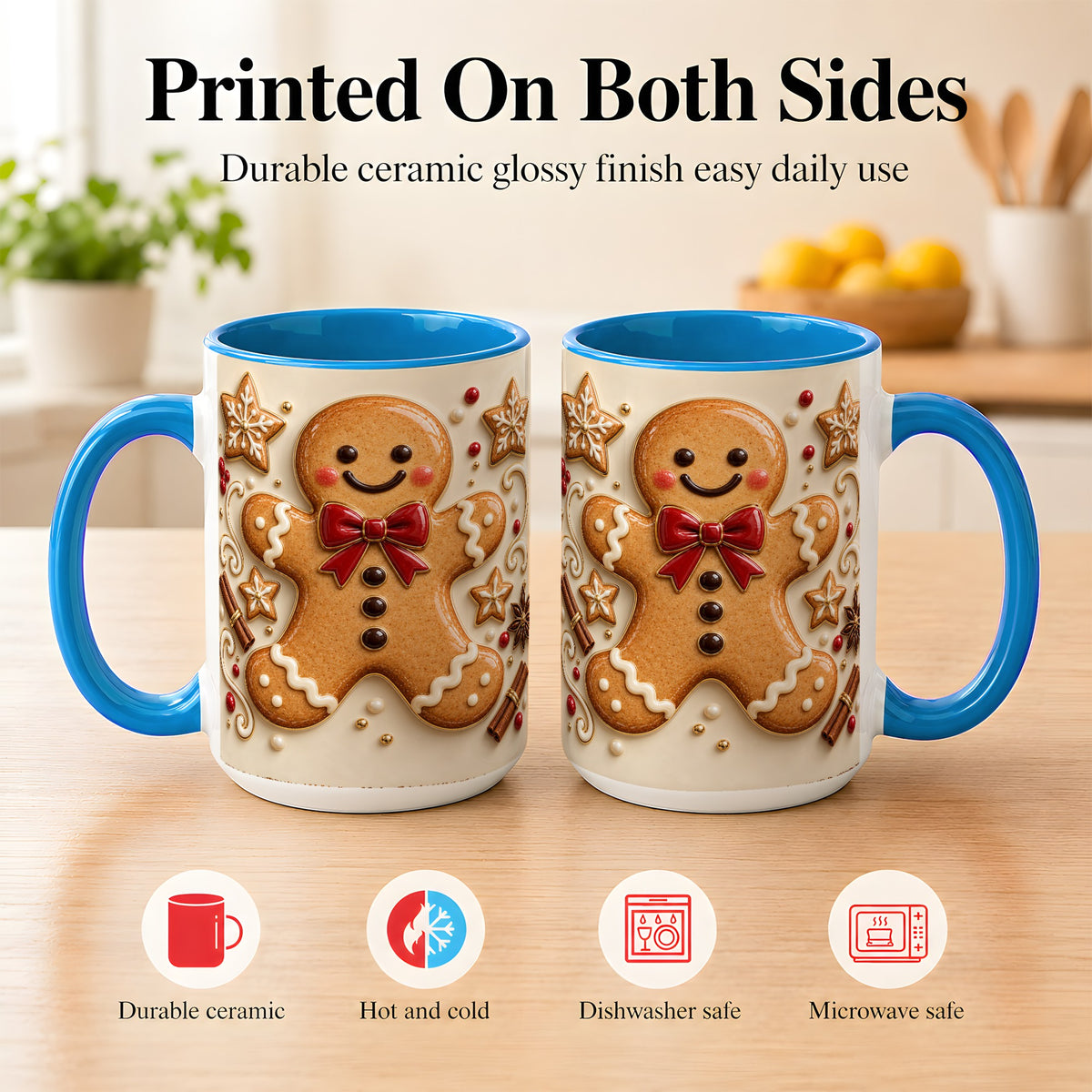 #pl[15oz|Blue] Classic Gingerbread Coffee Mug, Christmas Cookie Mug, Ceramic Cup