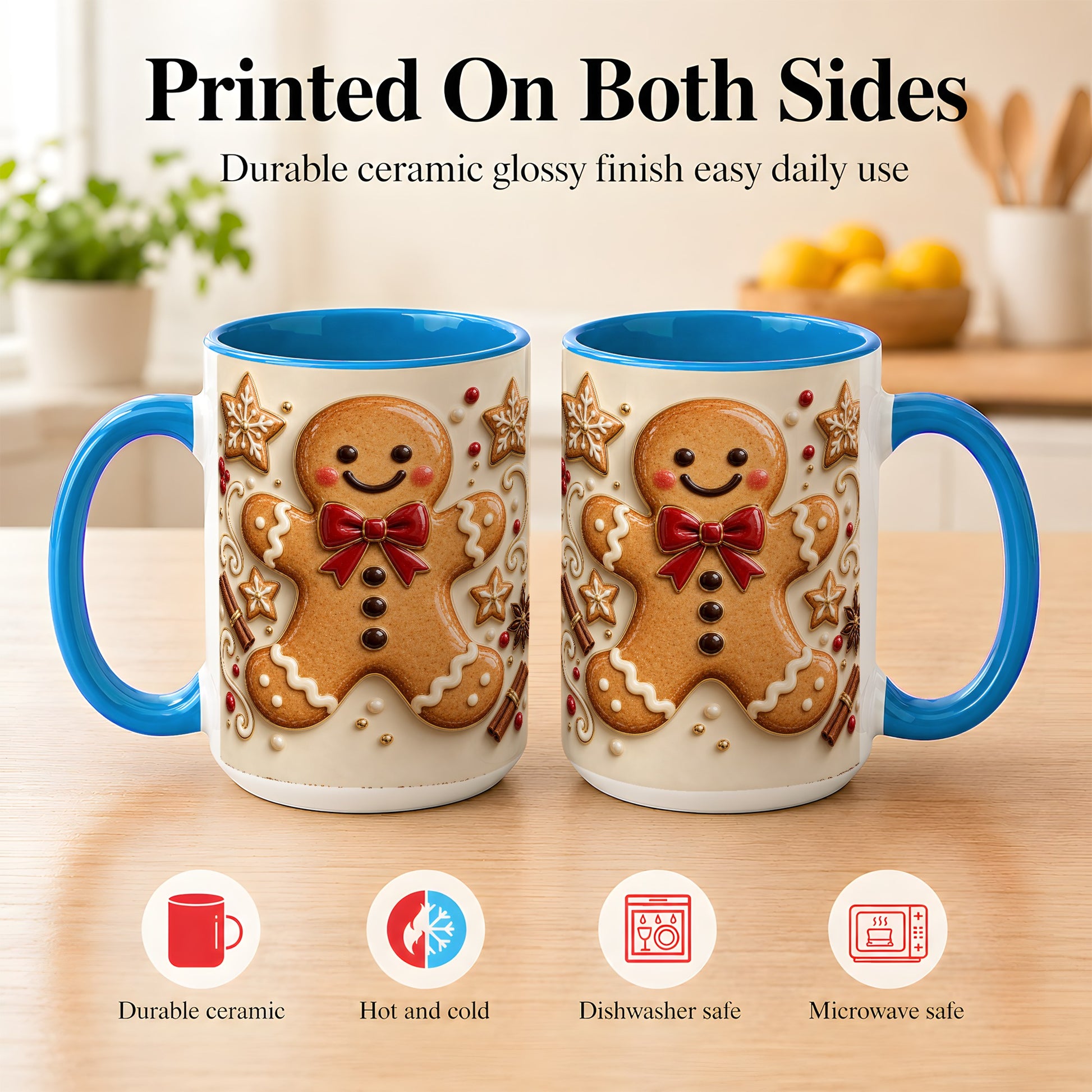 #pl[15oz|Blue] Classic Gingerbread Coffee Mug, Christmas Cookie Mug, Ceramic Cup