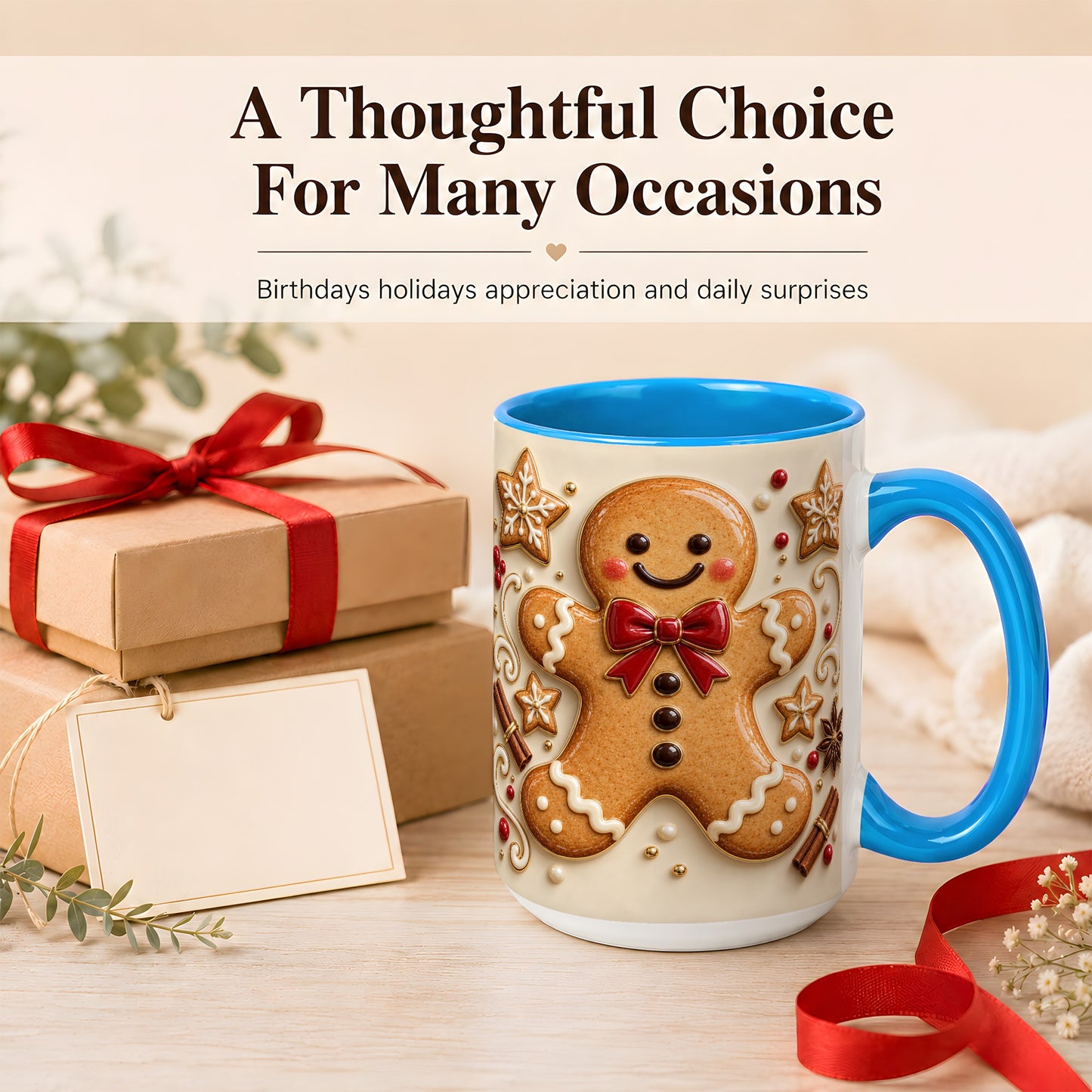 #pl[15oz|Blue] Classic Gingerbread Coffee Mug, Christmas Cookie Mug, Ceramic Cup