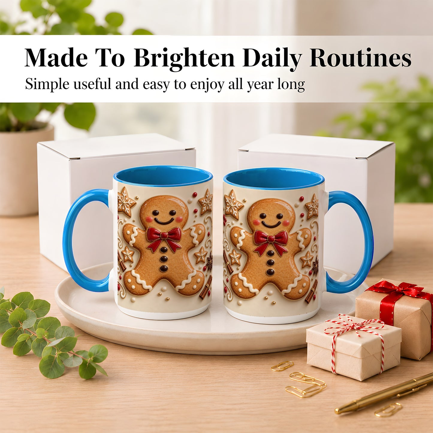 #pl[15oz|Blue] Classic Gingerbread Coffee Mug, Christmas Cookie Mug, Ceramic Cup