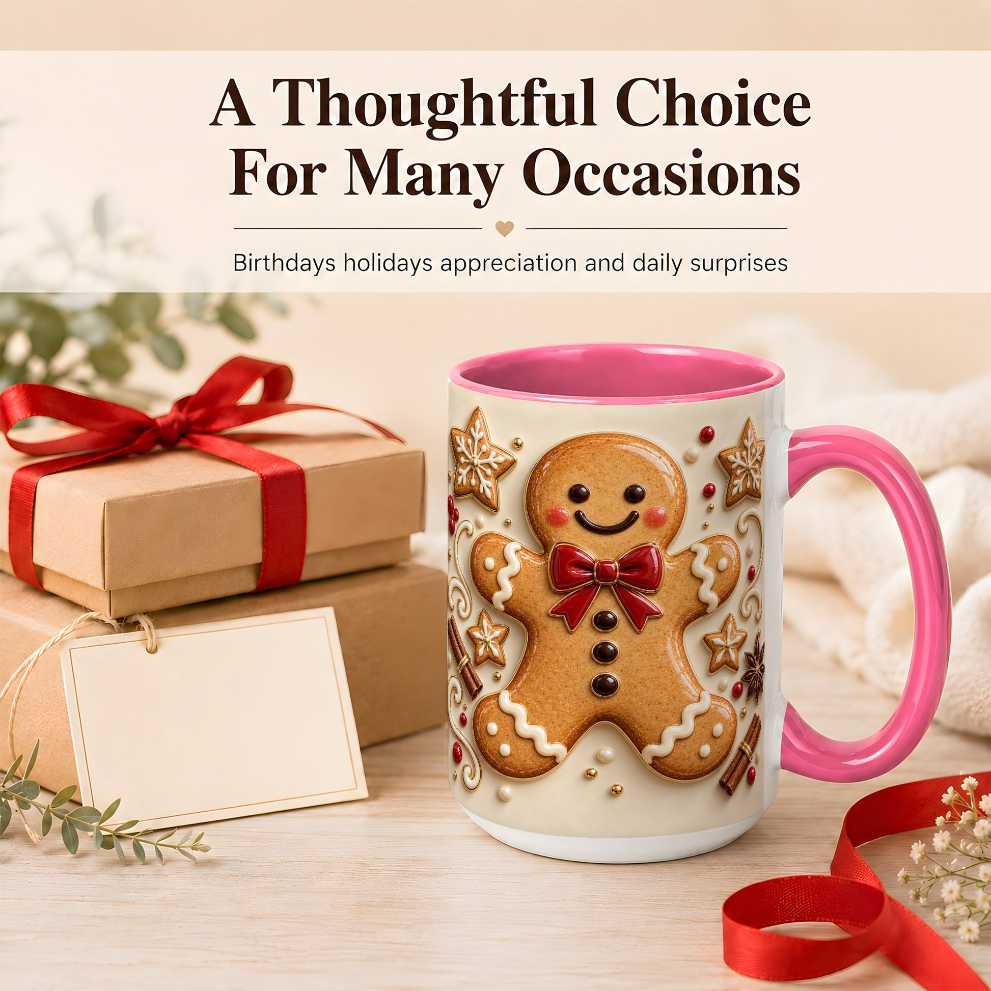#pl[15oz|Pink] Classic Gingerbread Coffee Mug, Christmas Cookie Mug, Ceramic Cup