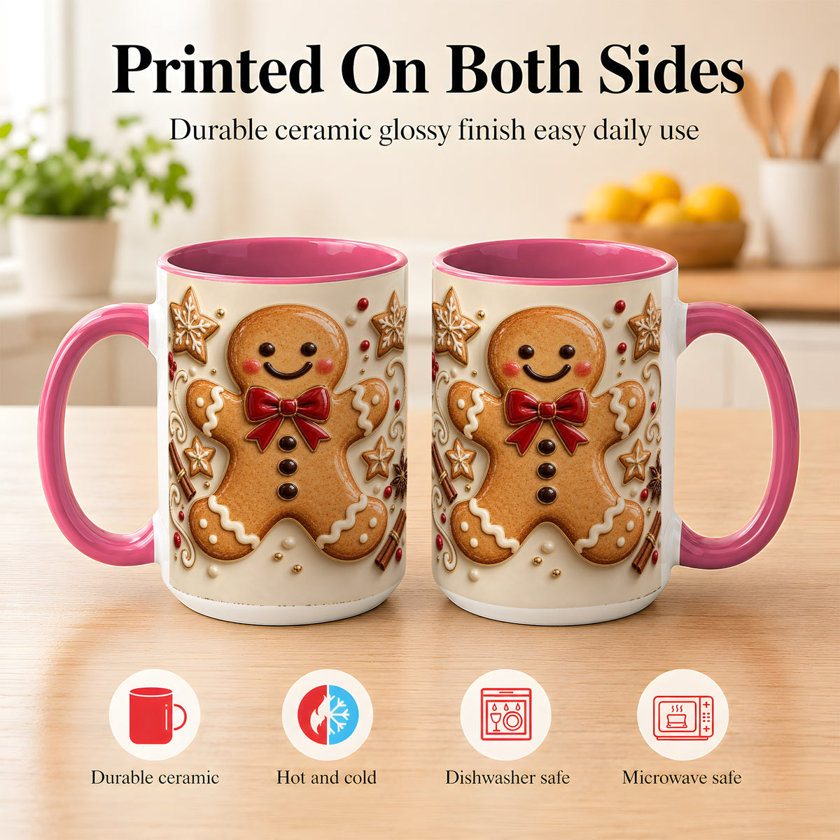 #pl[15oz|Pink] Classic Gingerbread Coffee Mug, Christmas Cookie Mug, Ceramic Cup
