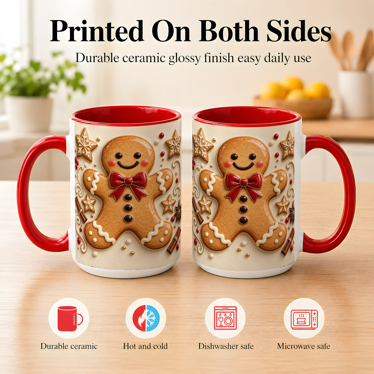 #pl[15oz|Red] Classic Gingerbread Coffee Mug, Christmas Cookie Mug, Ceramic Cup