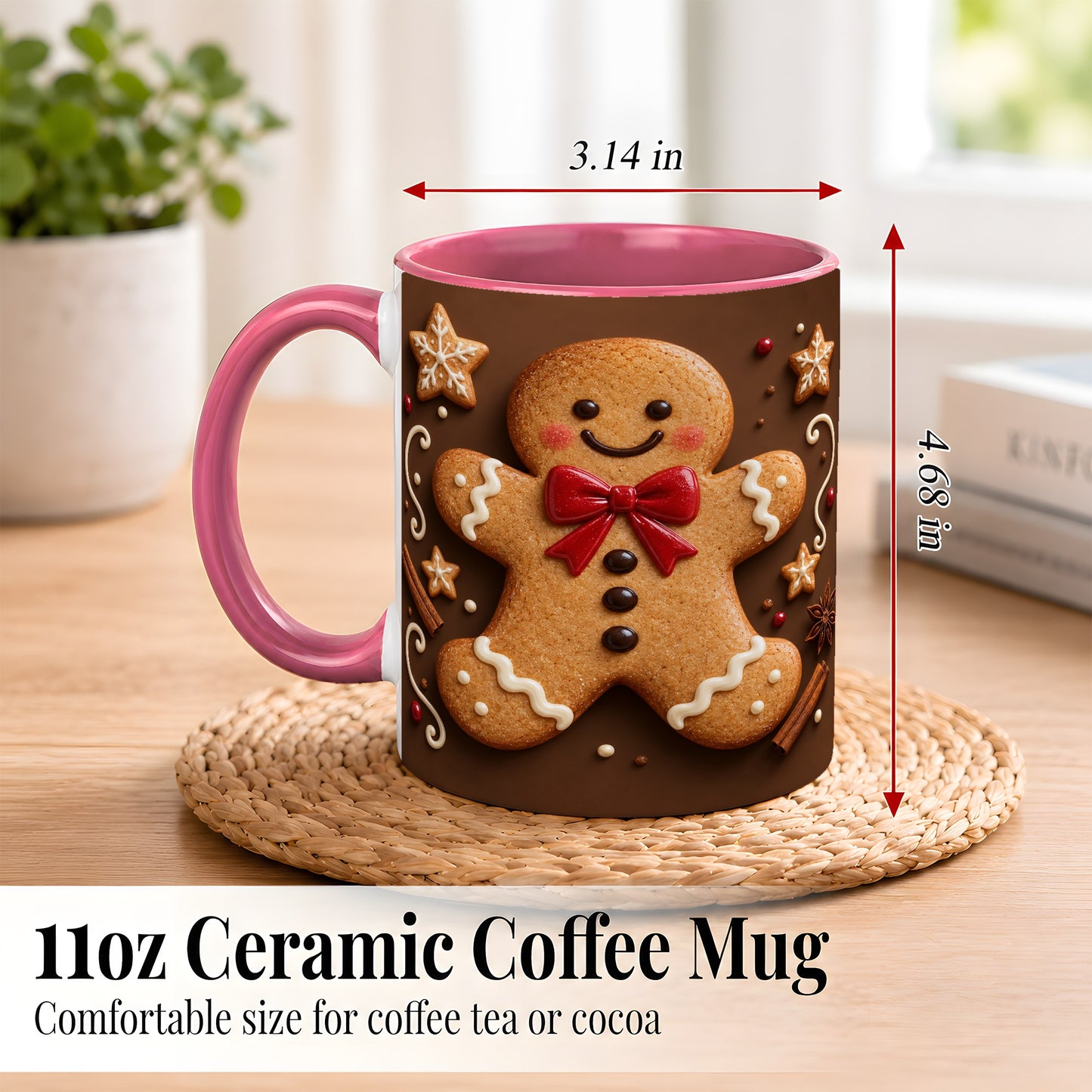 #pl[11oz|Pink] Gingerbread Man Coffee Mug, Christmas Cookie Holiday Mug, Ceramic Cup