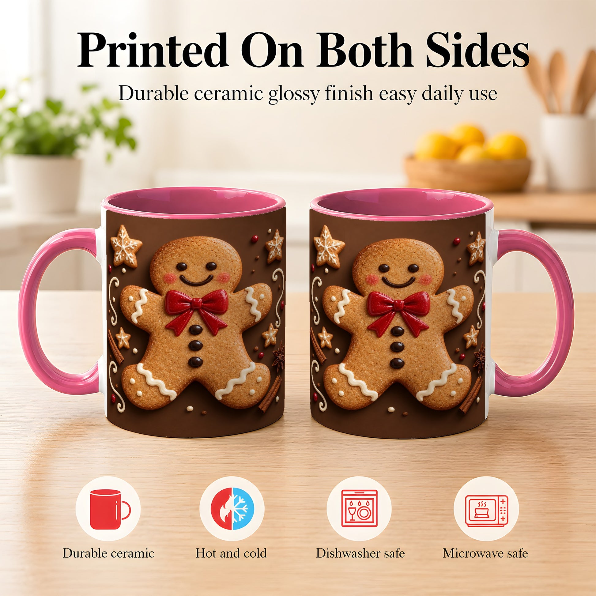 #pl[11oz|Pink] Gingerbread Man Coffee Mug, Christmas Cookie Holiday Mug, Ceramic Cup