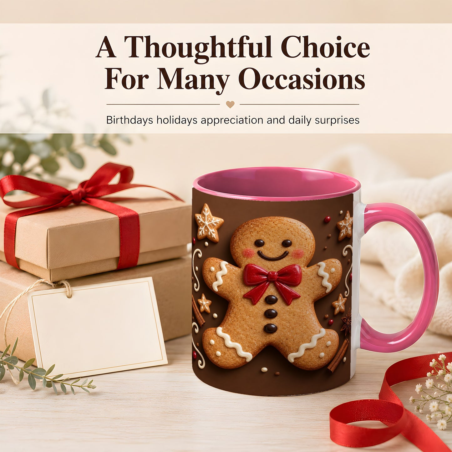 #pl[11oz|Pink] Gingerbread Man Coffee Mug, Christmas Cookie Holiday Mug, Ceramic Cup