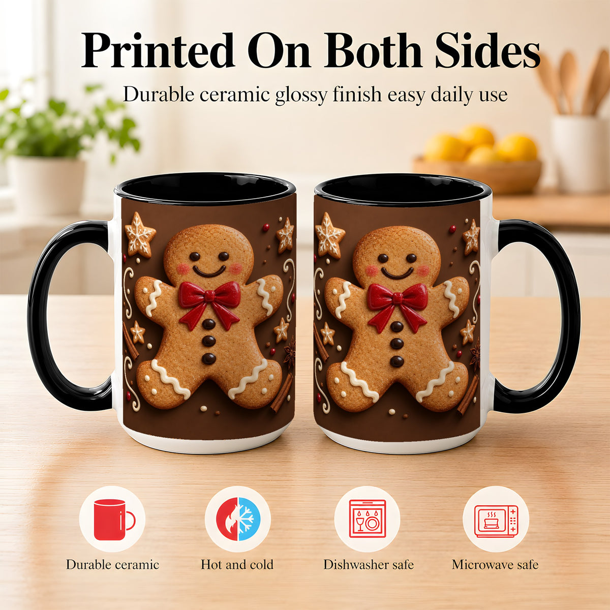 #pl[15oz|Black] Gingerbread Man Coffee Mug, Christmas Cookie Holiday Mug, Ceramic Cup