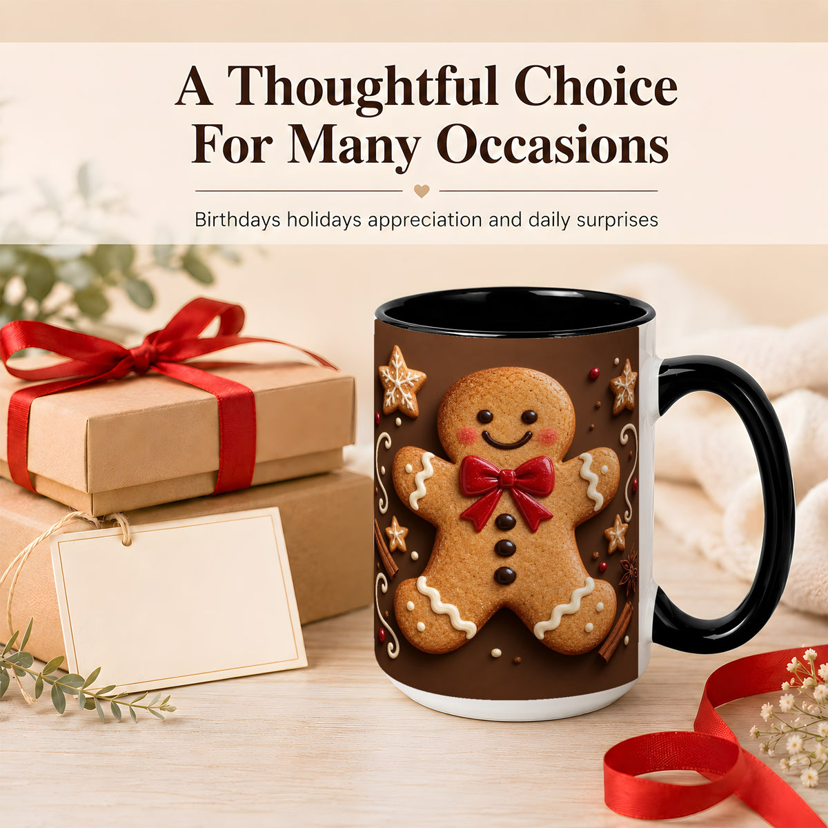 #pl[15oz|Black] Gingerbread Man Coffee Mug, Christmas Cookie Holiday Mug, Ceramic Cup