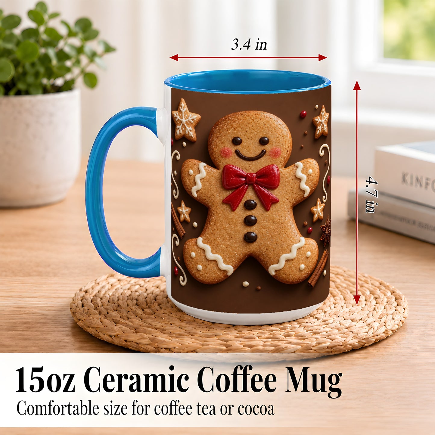 #pl[15oz|Blue] Gingerbread Man Coffee Mug, Christmas Cookie Holiday Mug, Ceramic Cup