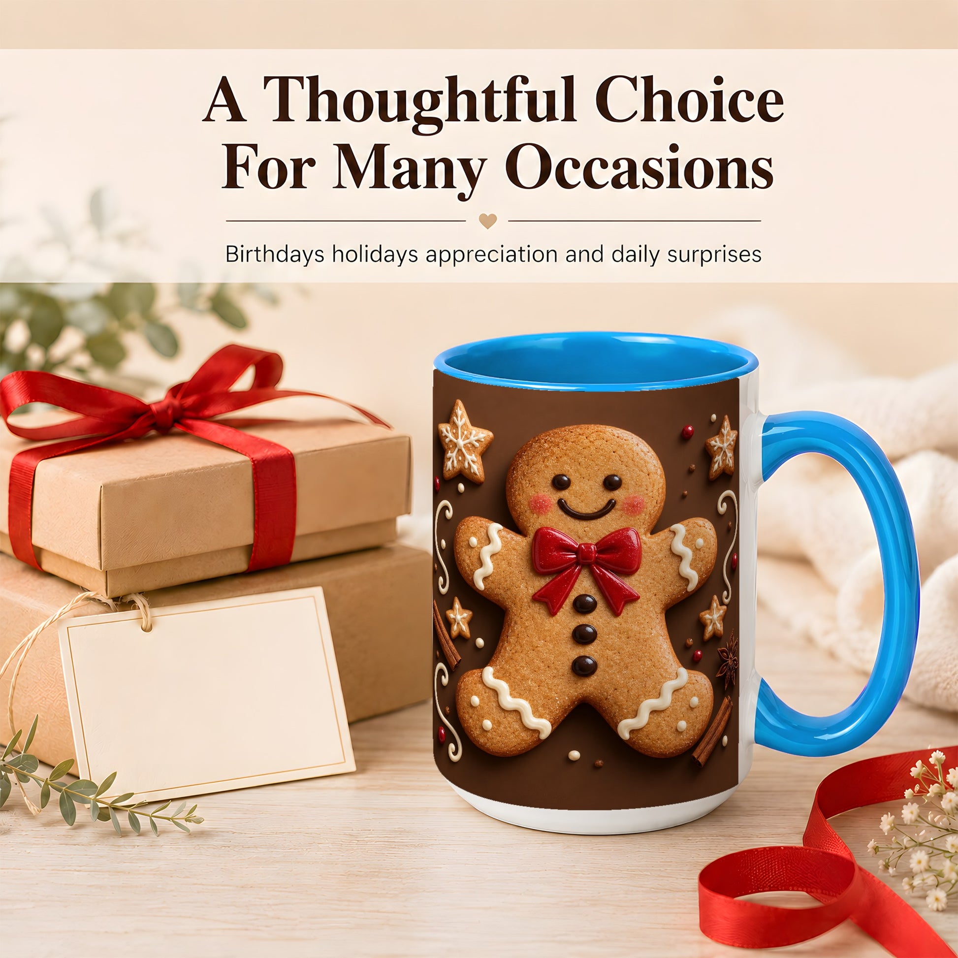 #pl[15oz|Blue] Gingerbread Man Coffee Mug, Christmas Cookie Holiday Mug, Ceramic Cup