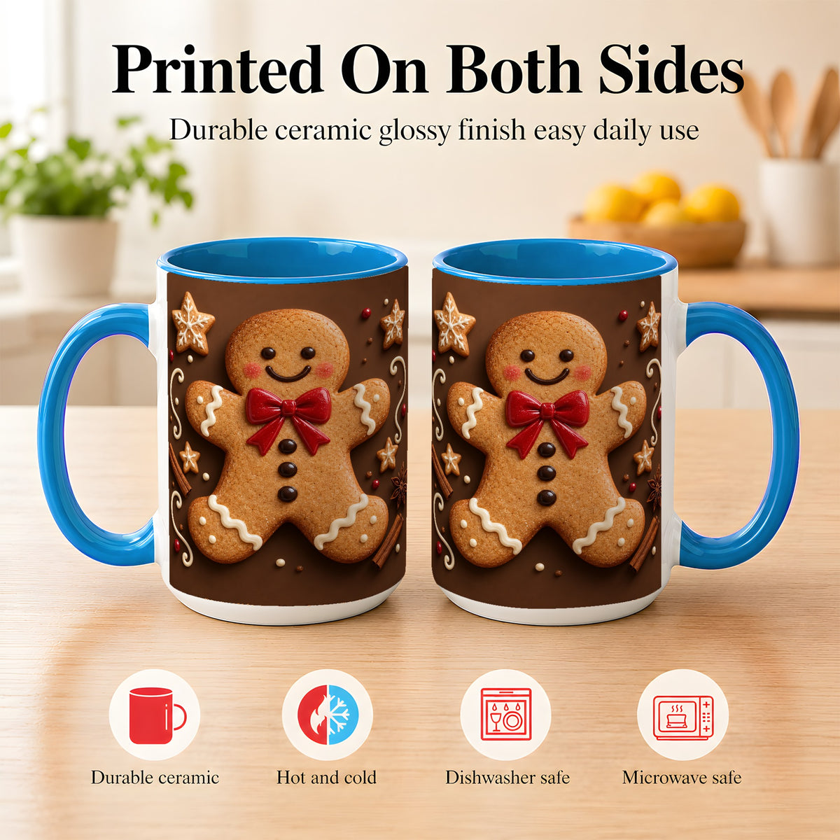 #pl[15oz|Blue] Gingerbread Man Coffee Mug, Christmas Cookie Holiday Mug, Ceramic Cup
