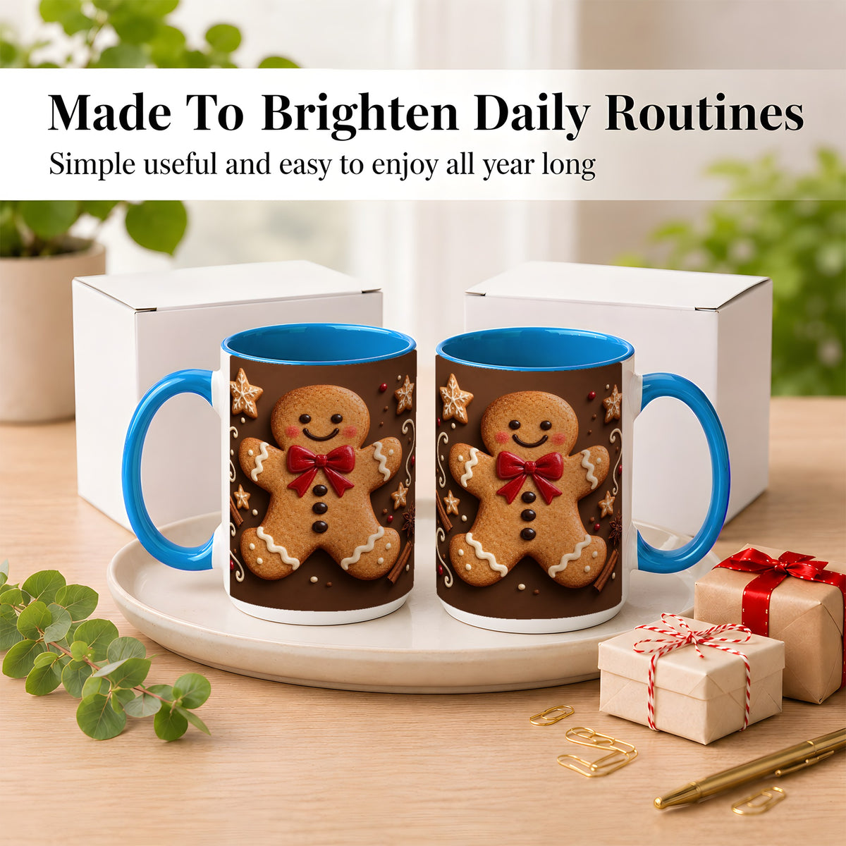 #pl[15oz|Blue] Gingerbread Man Coffee Mug, Christmas Cookie Holiday Mug, Ceramic Cup