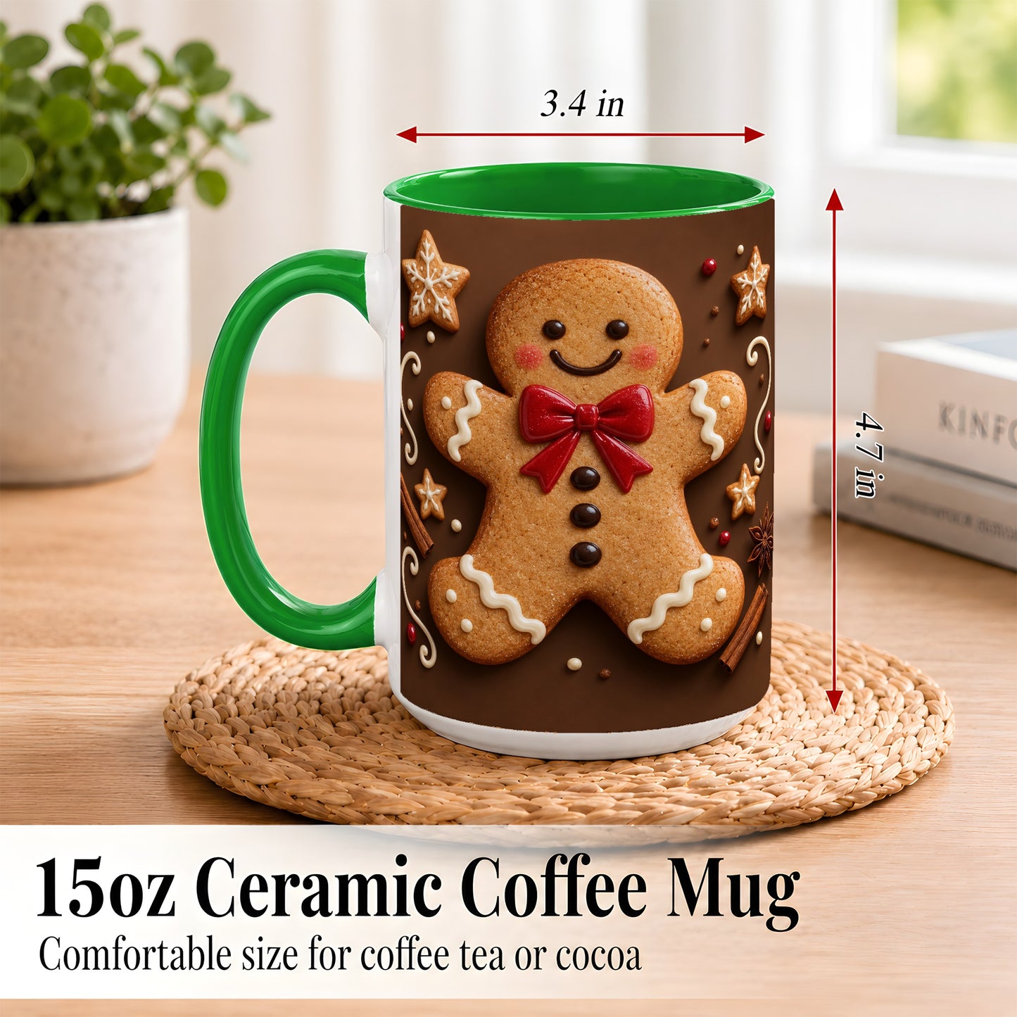 #pl[15oz|Green] Gingerbread Man Coffee Mug, Christmas Cookie Holiday Mug, Ceramic Cup