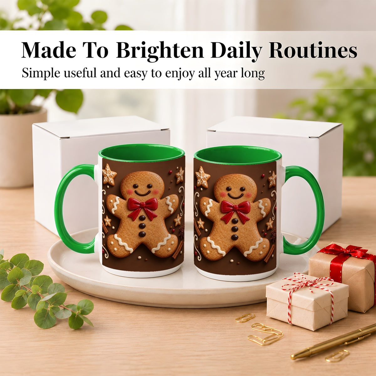 #pl[15oz|Green] Gingerbread Man Coffee Mug, Christmas Cookie Holiday Mug, Ceramic Cup