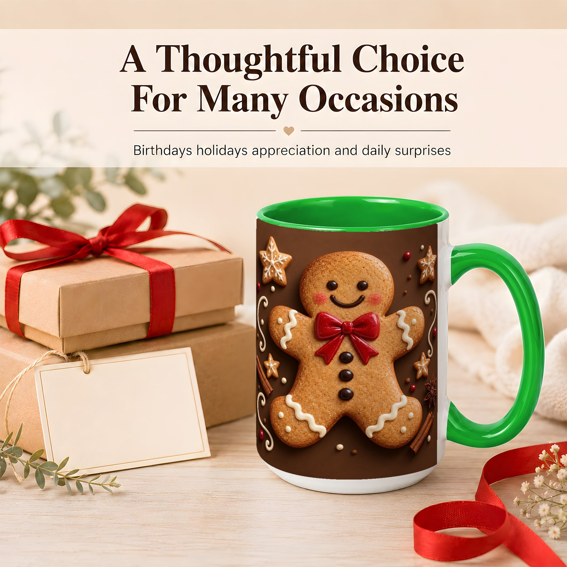 #pl[15oz|Green] Gingerbread Man Coffee Mug, Christmas Cookie Holiday Mug, Ceramic Cup