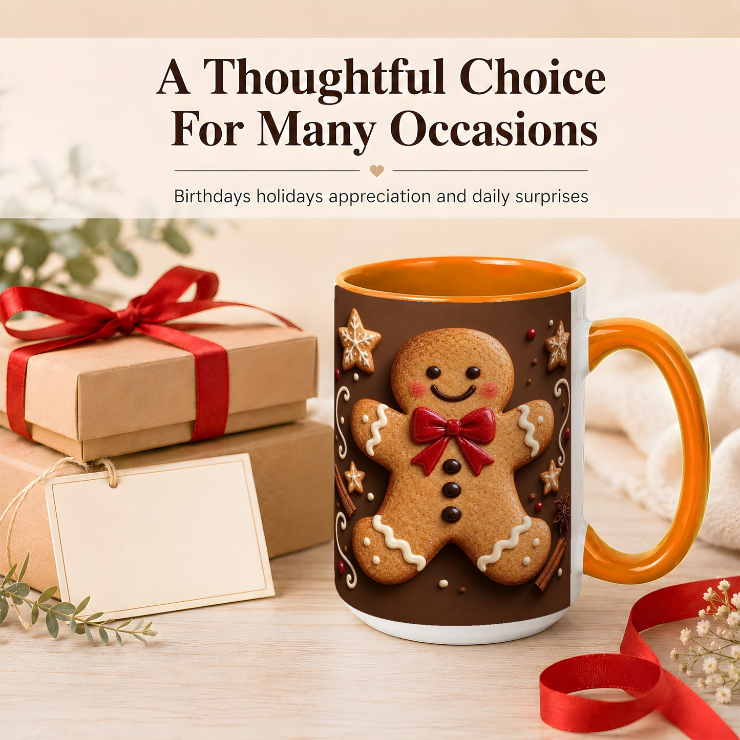 #pl[15oz|Orange] Gingerbread Man Coffee Mug, Christmas Cookie Holiday Mug, Ceramic Cup