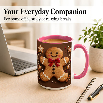 #pl[15oz|Pink] Gingerbread Man Coffee Mug, Christmas Cookie Holiday Mug, Ceramic Cup