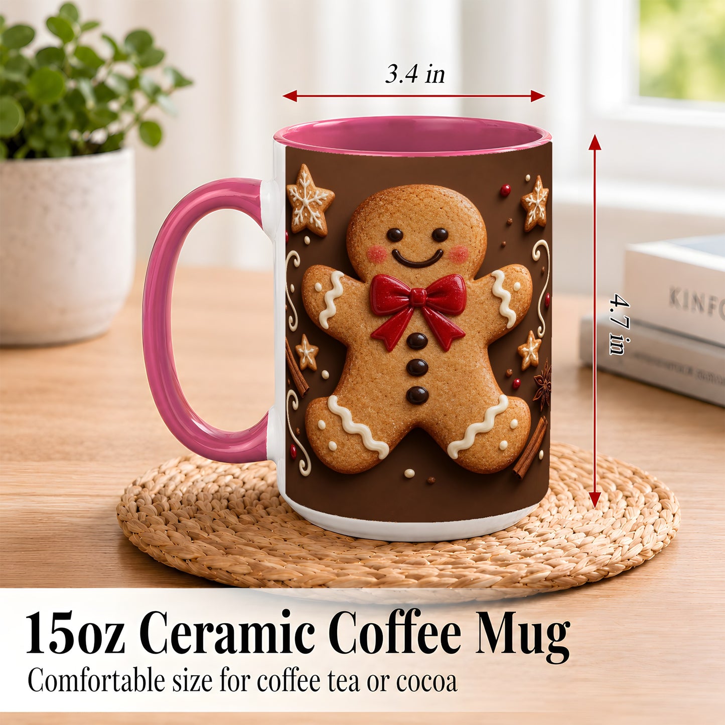 #pl[15oz|Pink] Gingerbread Man Coffee Mug, Christmas Cookie Holiday Mug, Ceramic Cup