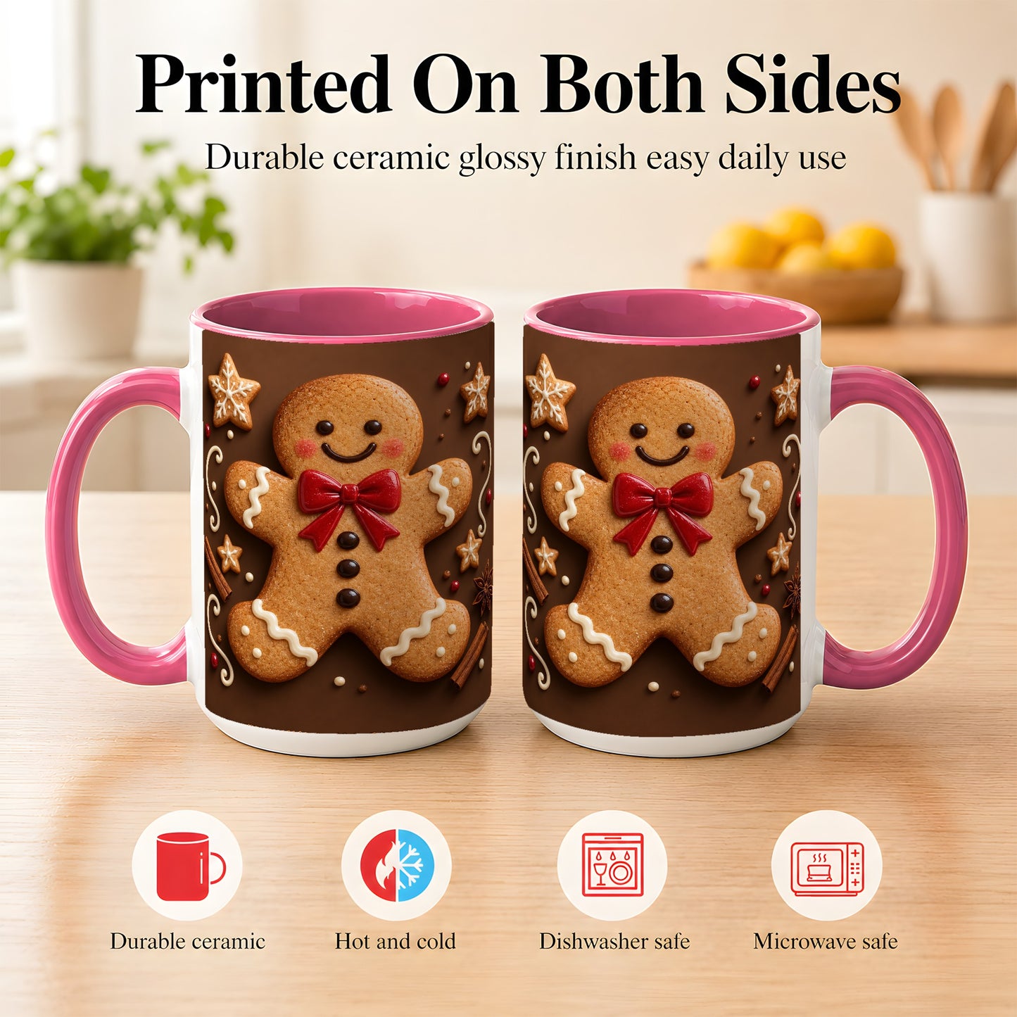#pl[15oz|Pink] Gingerbread Man Coffee Mug, Christmas Cookie Holiday Mug, Ceramic Cup