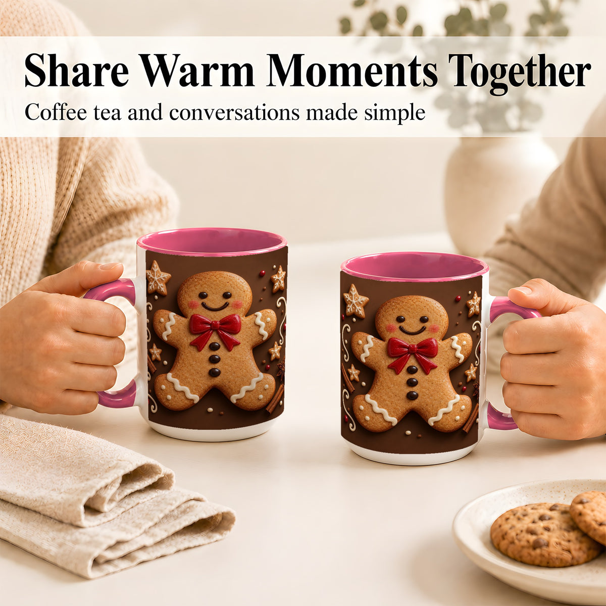 #pl[15oz|Pink] Gingerbread Man Coffee Mug, Christmas Cookie Holiday Mug, Ceramic Cup