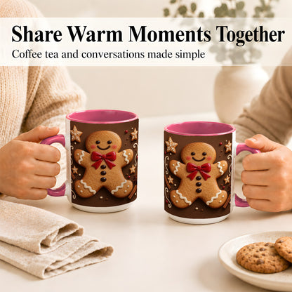 #pl[15oz|Pink] Gingerbread Man Coffee Mug, Christmas Cookie Holiday Mug, Ceramic Cup