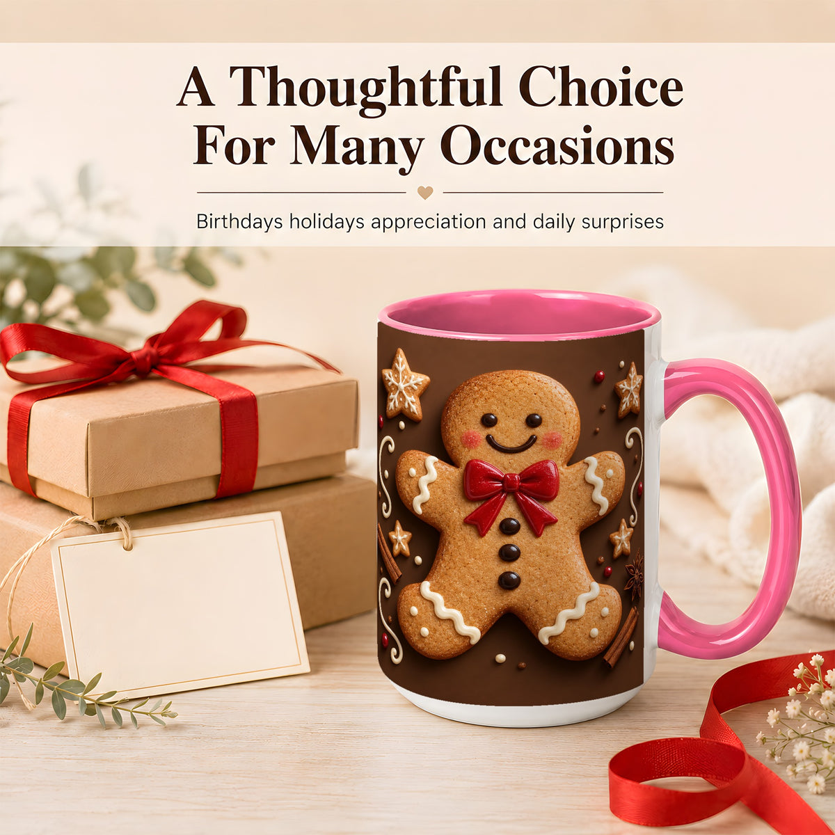 #pl[15oz|Pink] Gingerbread Man Coffee Mug, Christmas Cookie Holiday Mug, Ceramic Cup