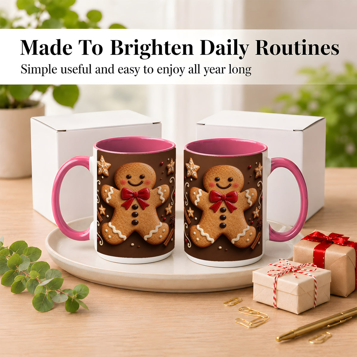 #pl[15oz|Pink] Gingerbread Man Coffee Mug, Christmas Cookie Holiday Mug, Ceramic Cup