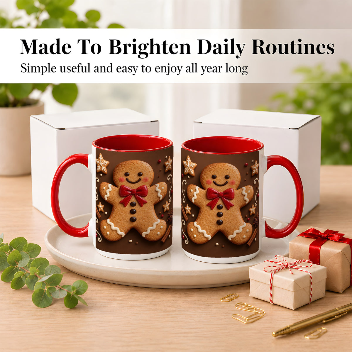 #pl[15oz|Red] Gingerbread Man Coffee Mug, Christmas Cookie Holiday Mug, Ceramic Cup