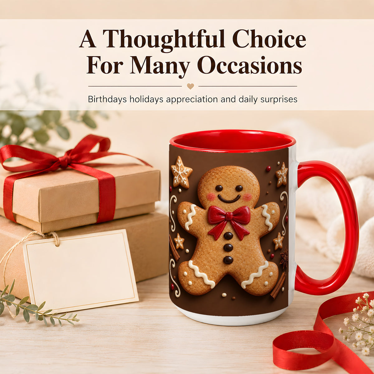 #pl[15oz|Red] Gingerbread Man Coffee Mug, Christmas Cookie Holiday Mug, Ceramic Cup