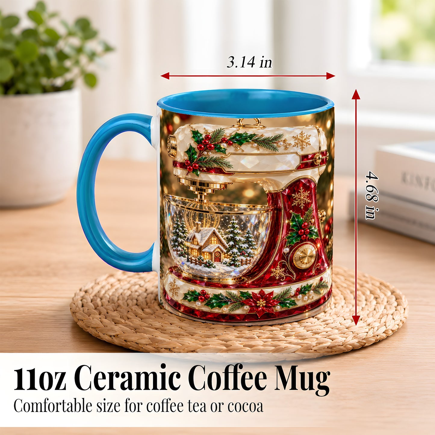 #pl[11oz|Blue] Christmas Stand Mixer Coffee Mug, Holiday Baking Mug, Ceramic Cup