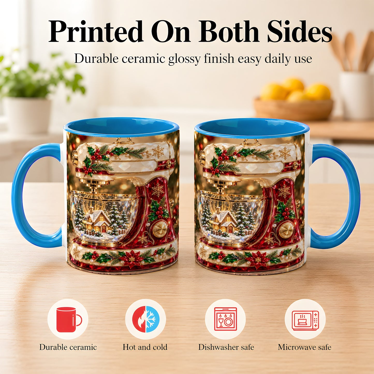 #pl[11oz|Blue] Christmas Stand Mixer Coffee Mug, Holiday Baking Mug, Ceramic Cup
