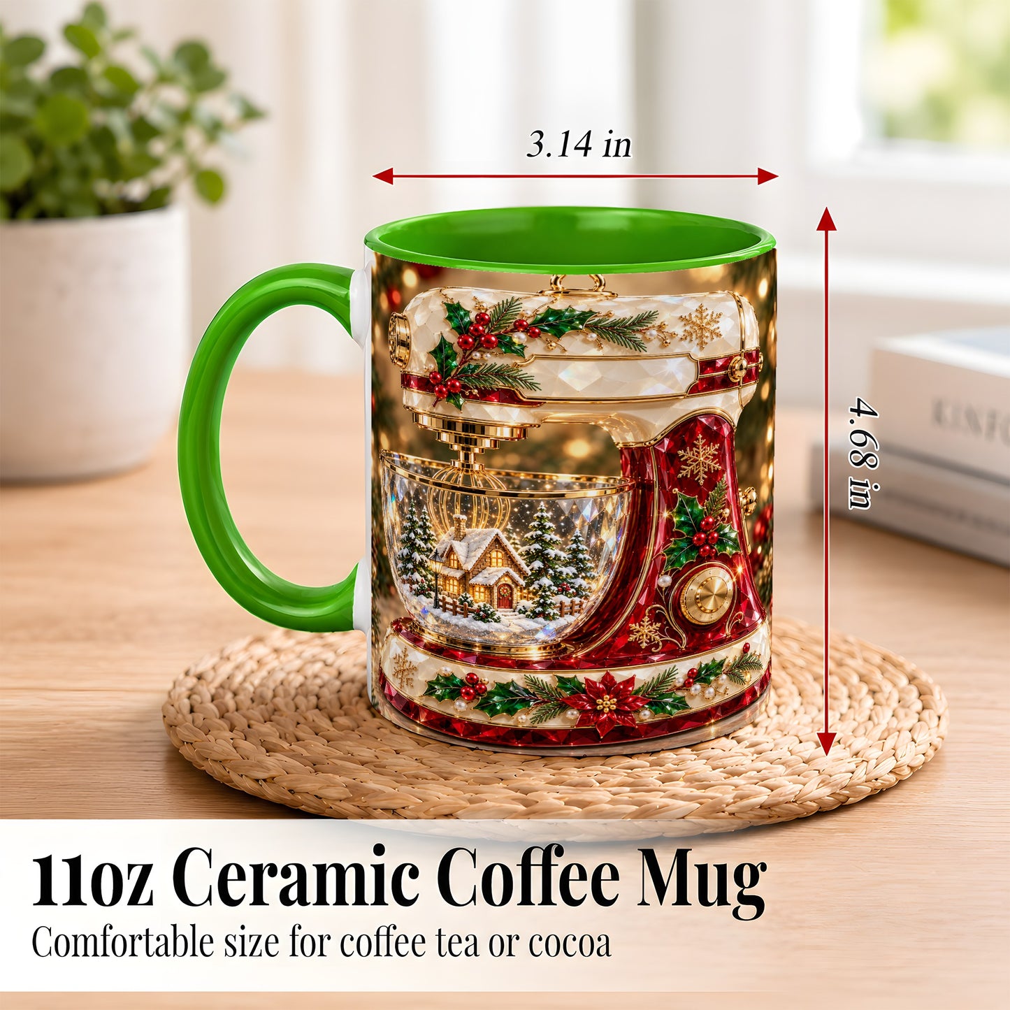 #pl[11oz|Green] Christmas Stand Mixer Coffee Mug, Holiday Baking Mug, Ceramic Cup