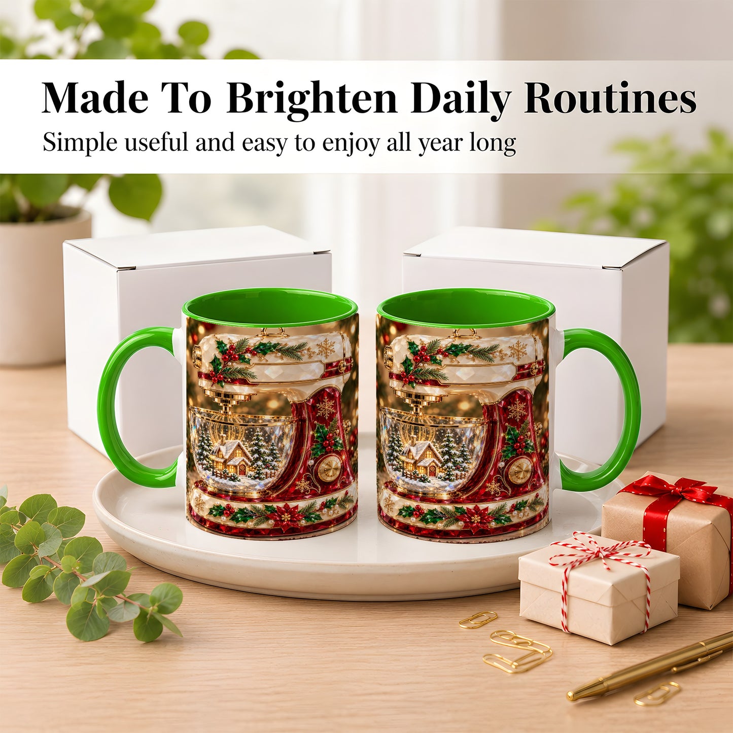 #pl[11oz|Green] Christmas Stand Mixer Coffee Mug, Holiday Baking Mug, Ceramic Cup