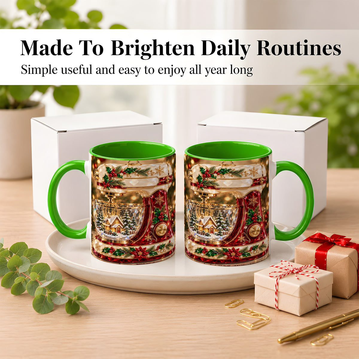 #pl[11oz|Green] Christmas Stand Mixer Coffee Mug, Holiday Baking Mug, Ceramic Cup