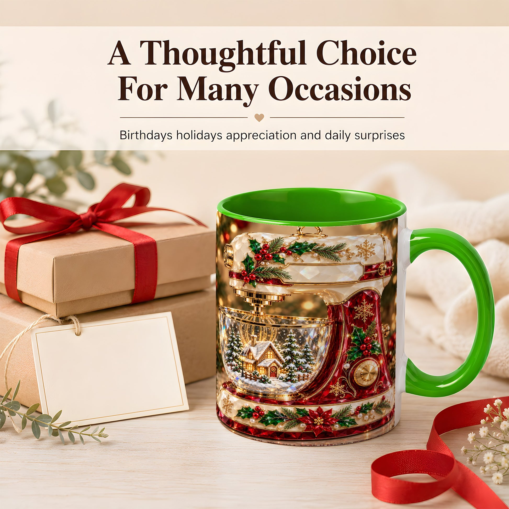 #pl[11oz|Green] Christmas Stand Mixer Coffee Mug, Holiday Baking Mug, Ceramic Cup