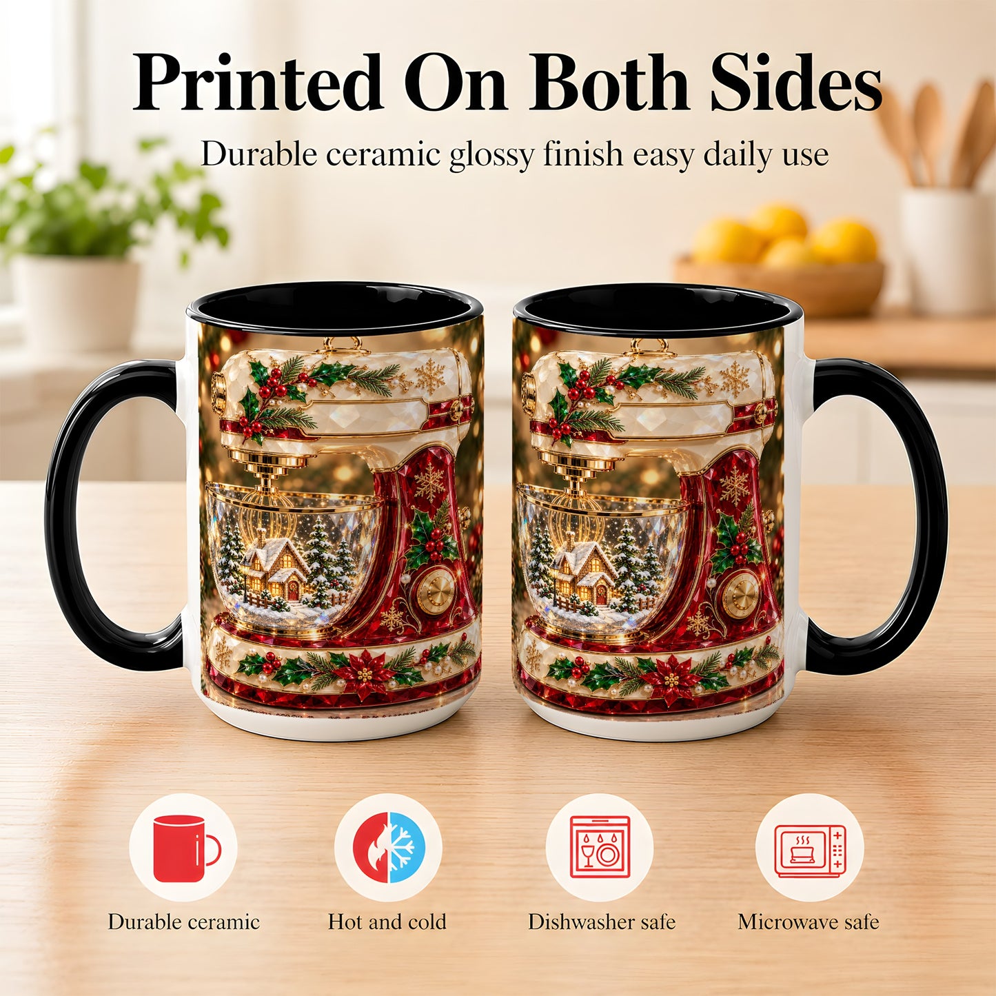 #pl[15oz|Black] Christmas Stand Mixer Coffee Mug, Holiday Baking Mug, Ceramic Cup